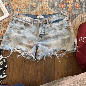 Free People Floral Distressed Jean Shorts